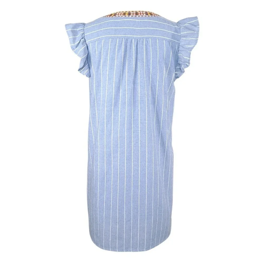 Entro Dress Size Medium Pullover Blue Stripe Embroidered Ruffle Sleeve‎ Lined